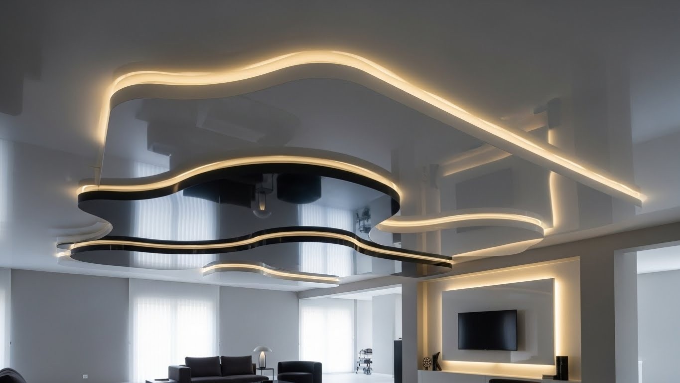 Многоуровневые глянцевые натяжные потолки