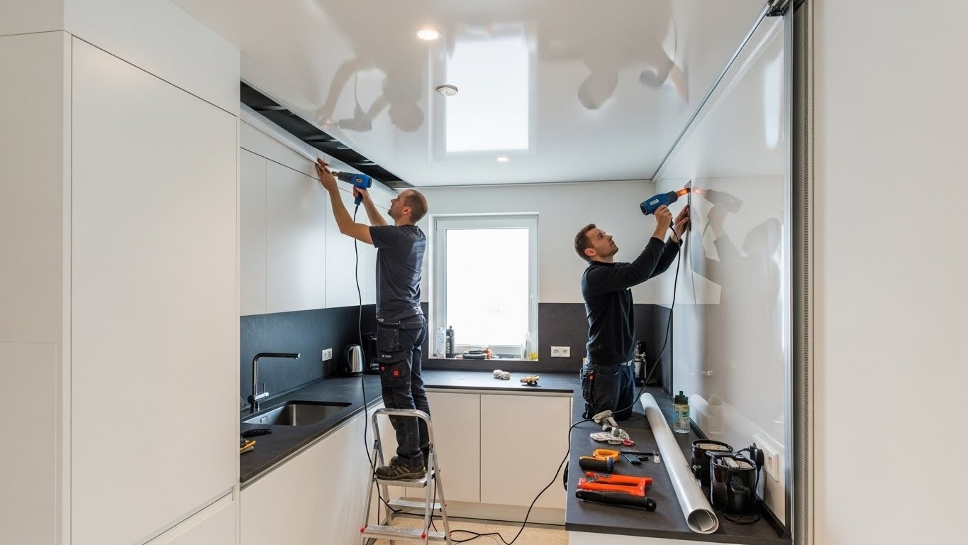 Монтаж натяжных потолков для маленьких кухонь