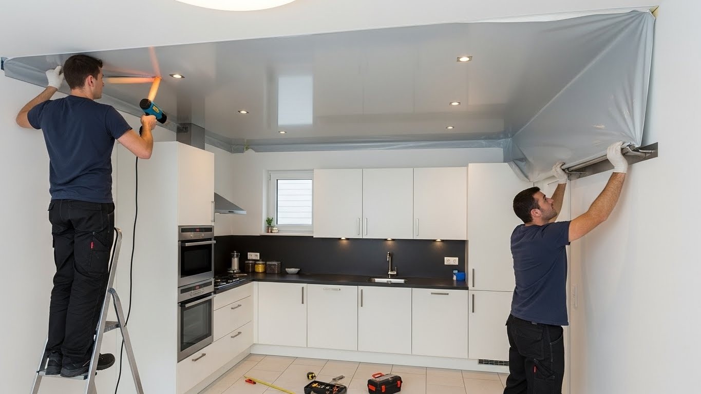 Монтаж натяжного потолка в маленькой кухне Натяжной потолок для маленькой кухни