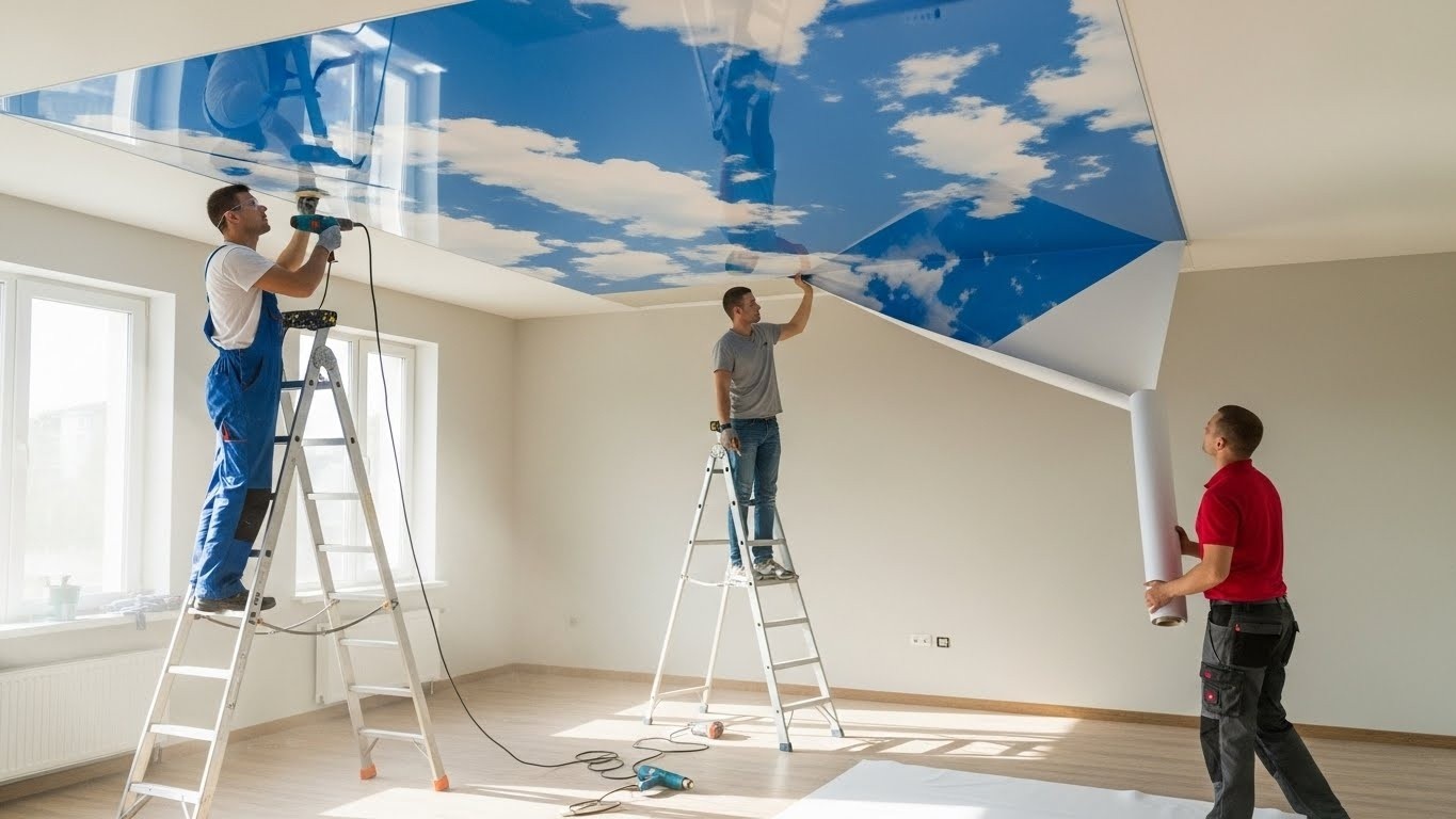 Монтаж натяжного потолка с фотопечатью