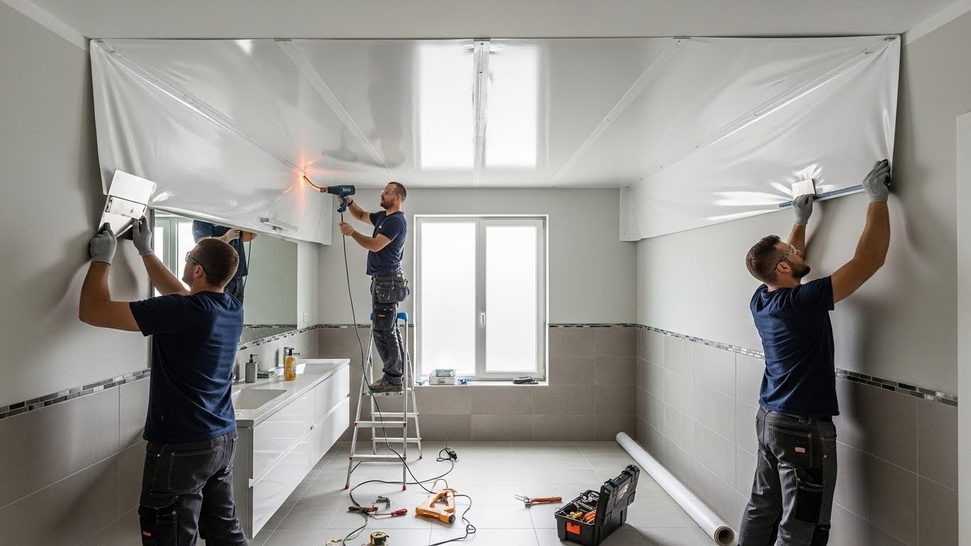 Монтаж натяжных потолков для средних ванных комнат