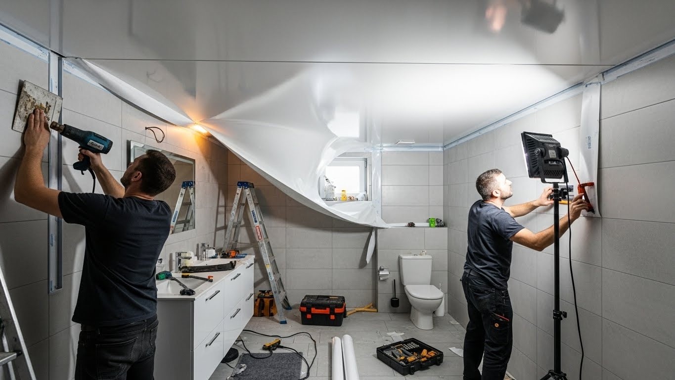 Натяжной потолок для средней ванной комнаты