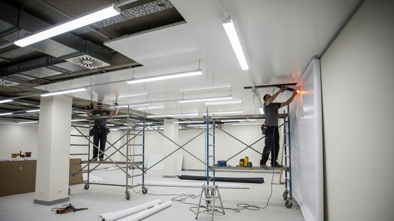 Монтаж натяжных потолков для средних торговых помещений