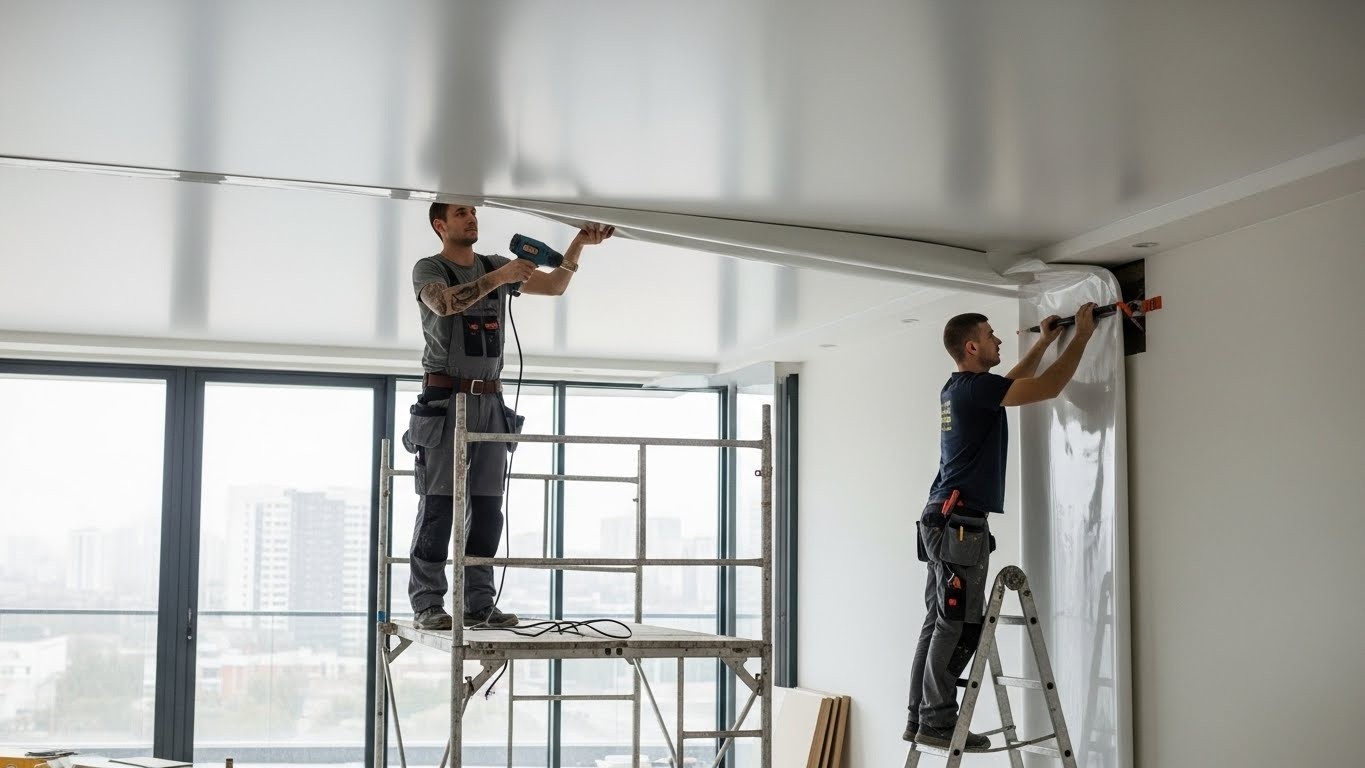 Монтаж натяжного потолка для крупных жилых помещений Натяжной потолок для крупного жилого помещения