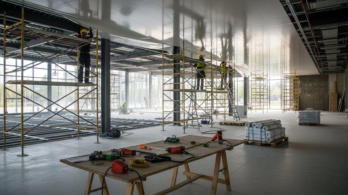 Монтаж натяжных потолков для крупных торговых помещений