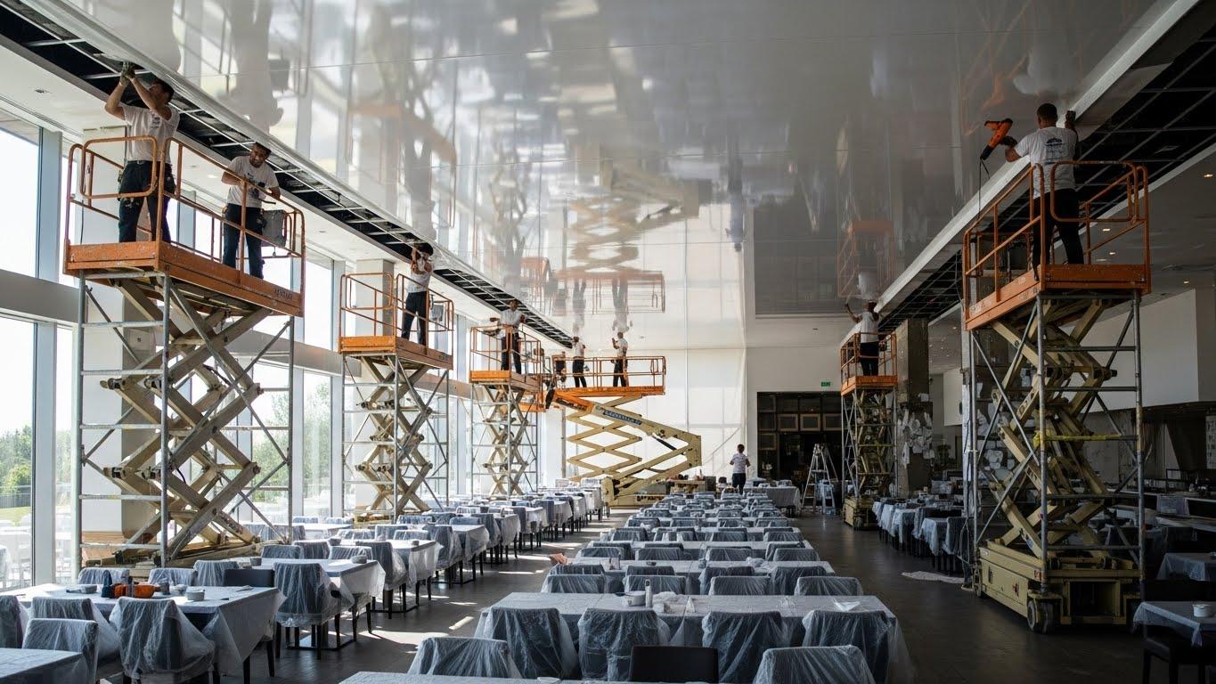 Монтаж натяжного потолка для крупных ресторанов Натяжной потолок в крупном ресторане