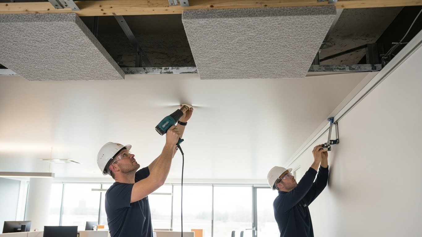 Монтаж натяжных потолков для офисных помещений с шумоизоляцией