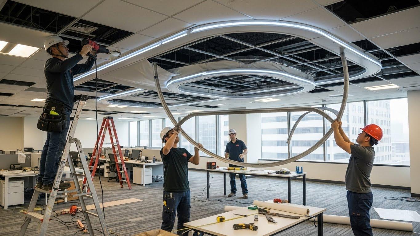 Монтаж натяжных потолков для офисных помещений с многоуровневыми конструкциями