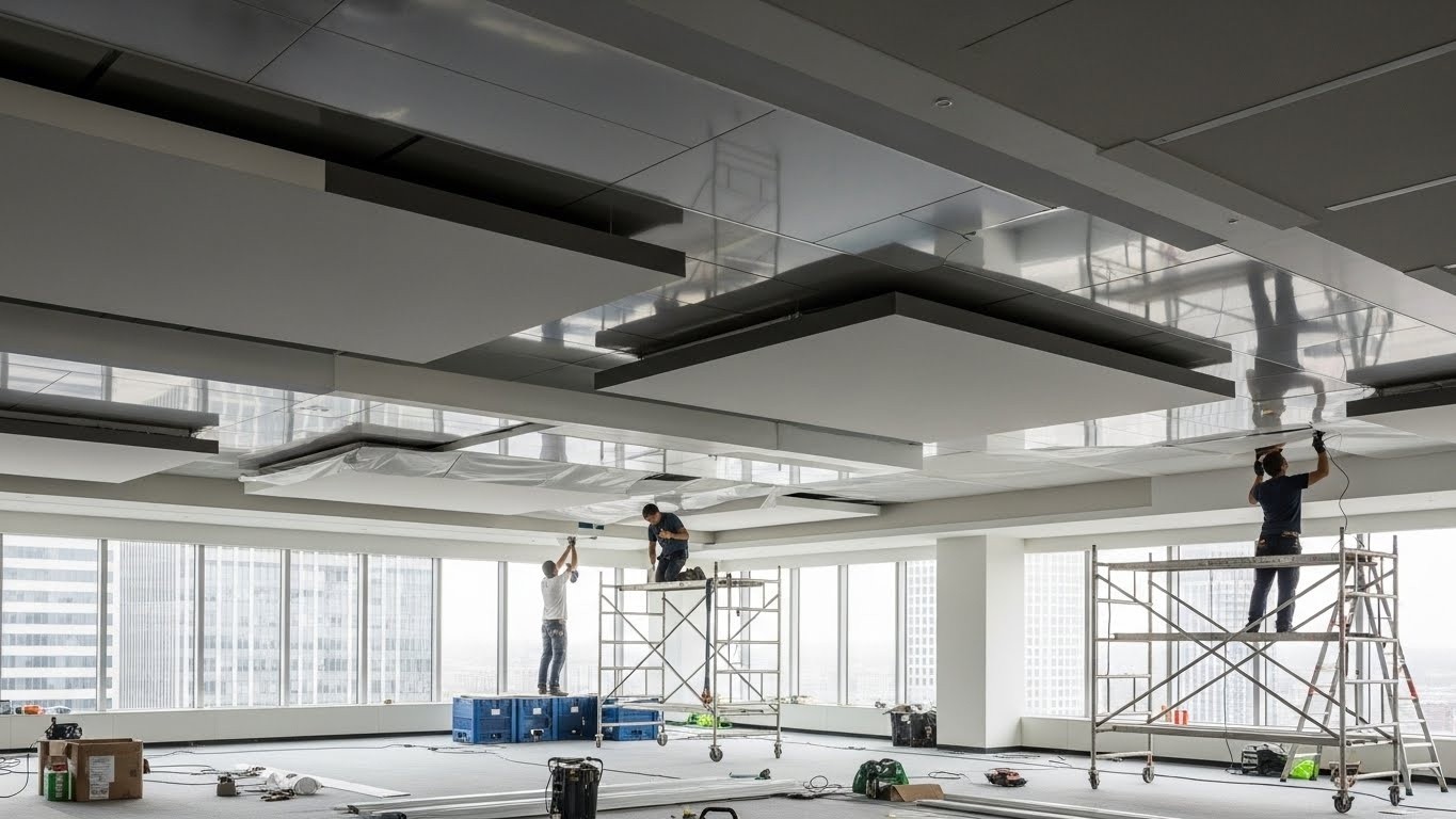 Монтаж многоуровневого натяжного потолка для офисных помещений Многоуровневый натяжной потолок в офисе
