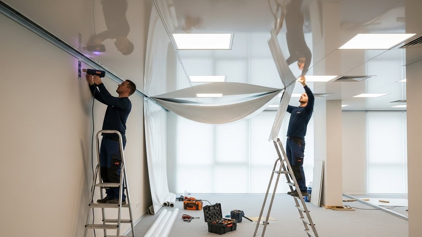 Монтаж натяжных потолков для офисных помещений с глянцевой отделкой