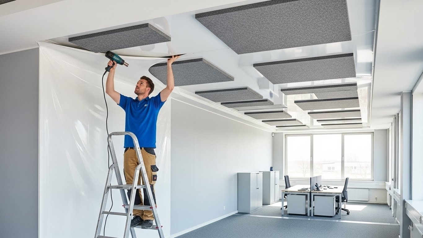 Натяжной потолок с декоративными вставками в офисе