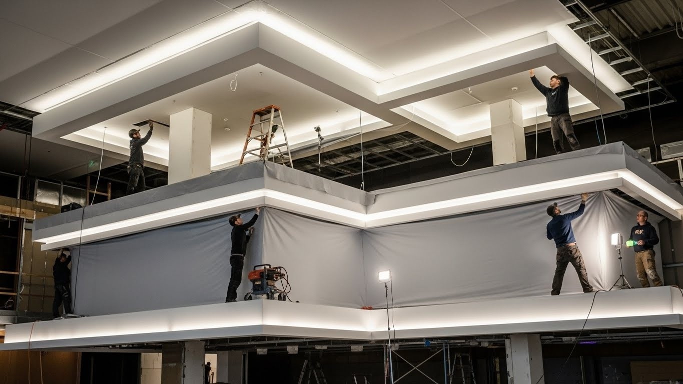 Многоуровневый натяжной потолок с подсветкой в торговом помещении