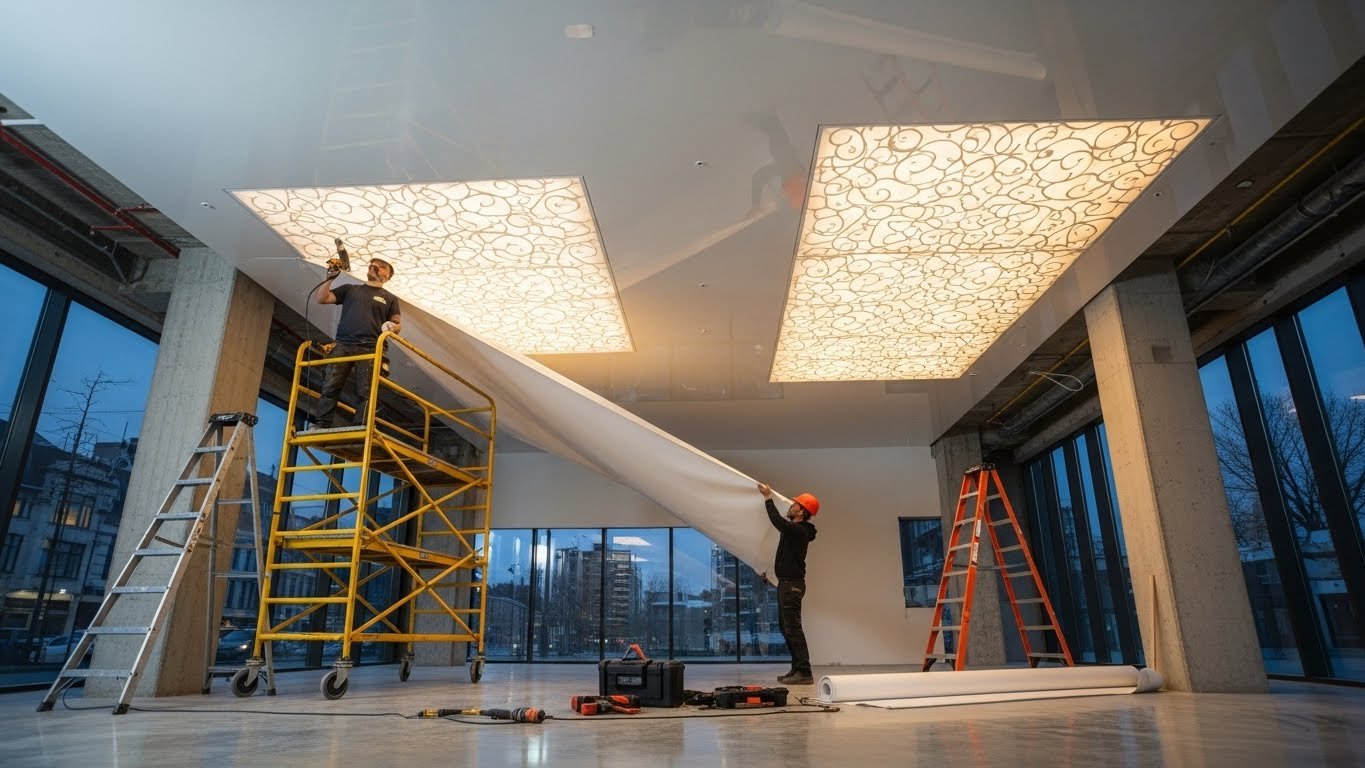 Монтаж натяжных потолков для торговых помещений с декоративными вставками