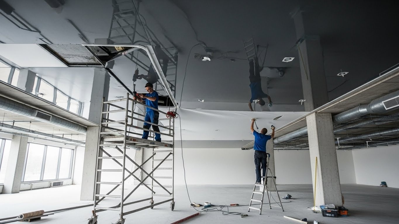 Монтаж глянцевого натяжного потолка для торговых помещений Глянцевый натяжной потолок в торговом помещении