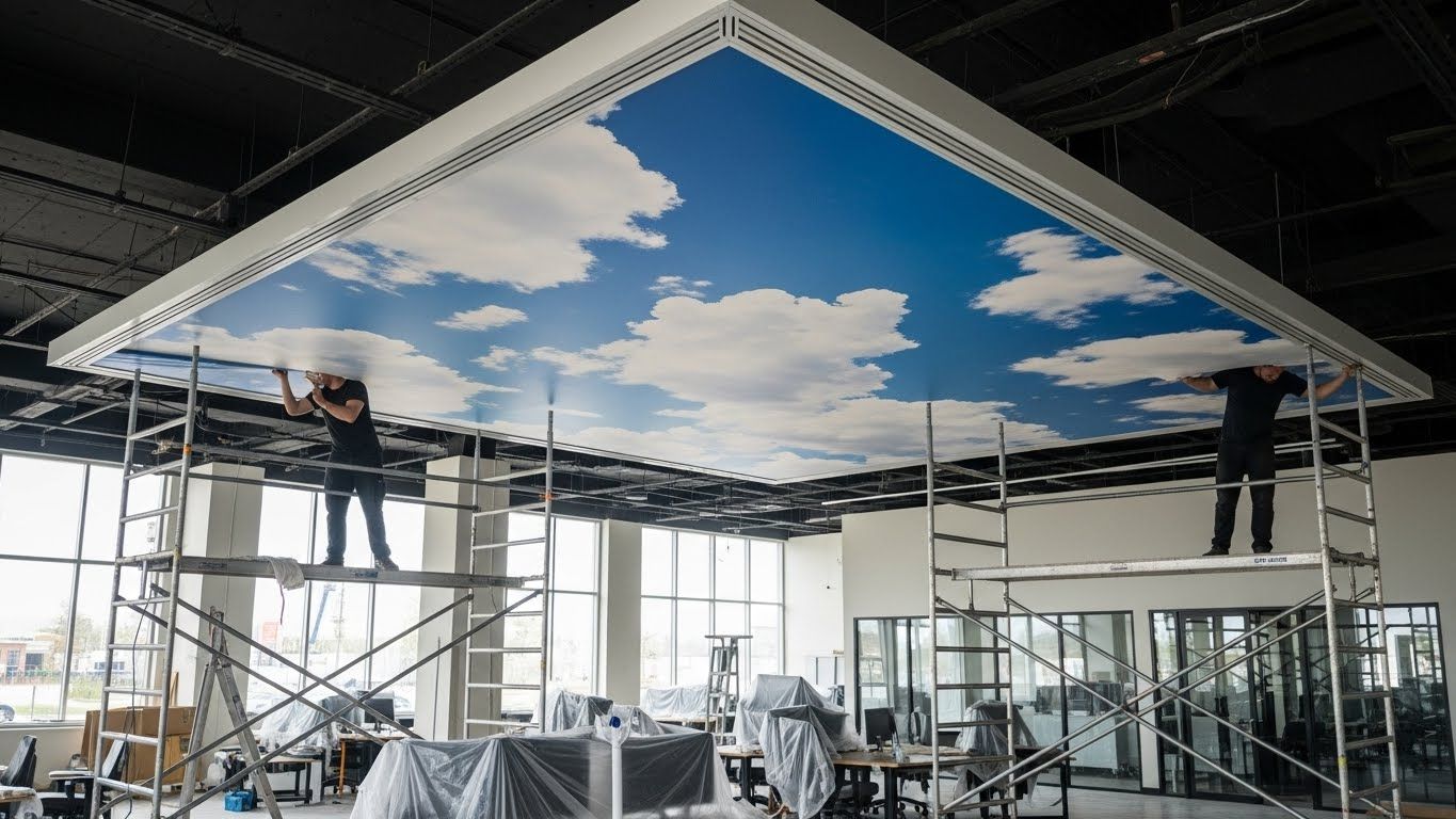 Монтаж натяжных потолков для торговых помещений с фотопечатью