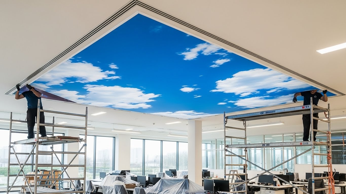 Монтаж натяжного потолка с фотопечатью для торговых залов Натяжной потолок с фотопечатью в торговом помещении