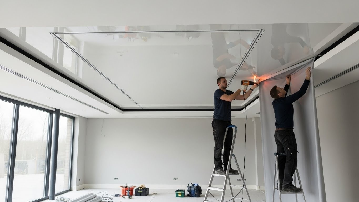 Монтаж натяжного потолка с прямыми линиями и освещением