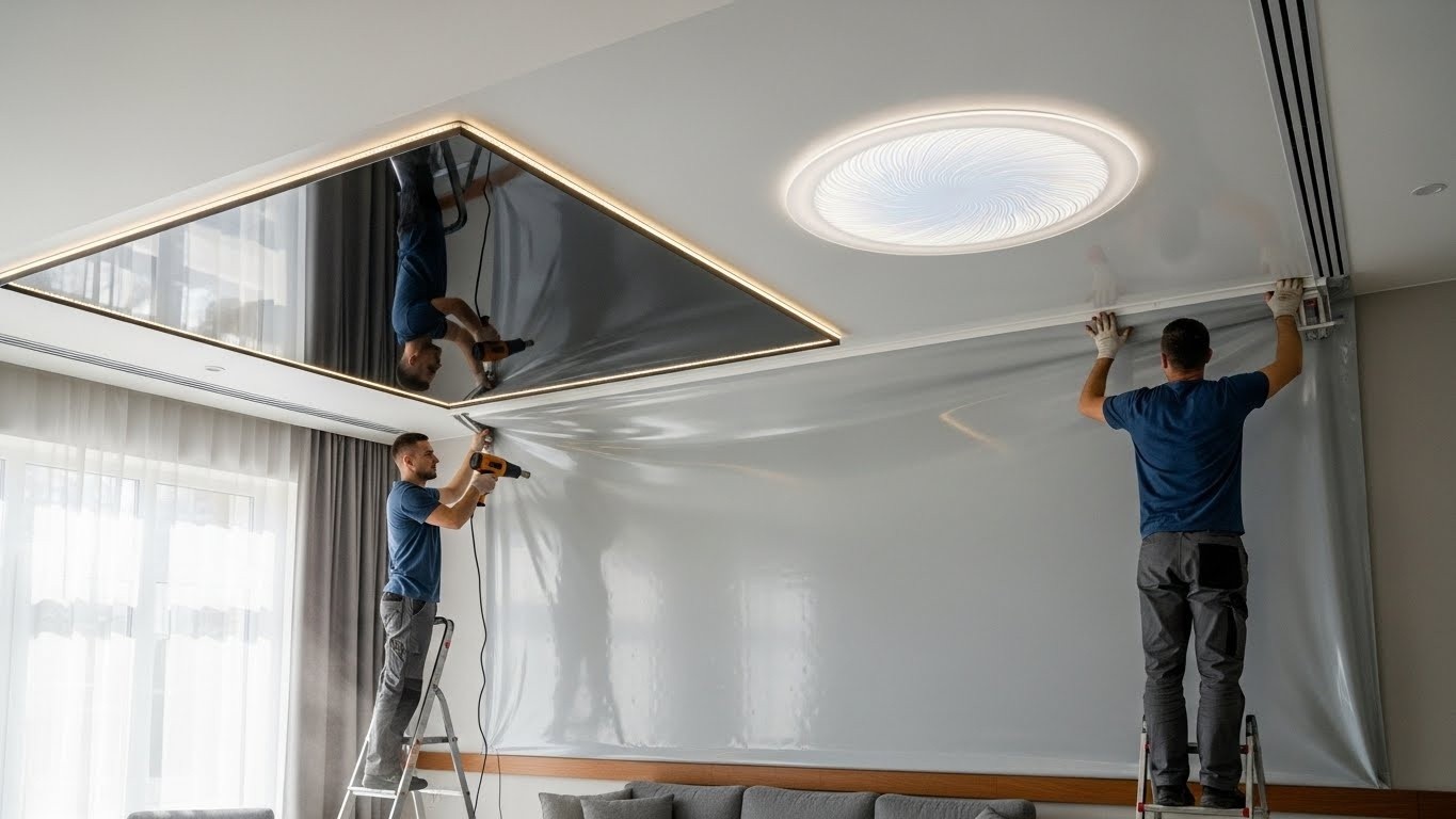 Монтаж натяжных потолков для жилых помещений с декоративными вставками