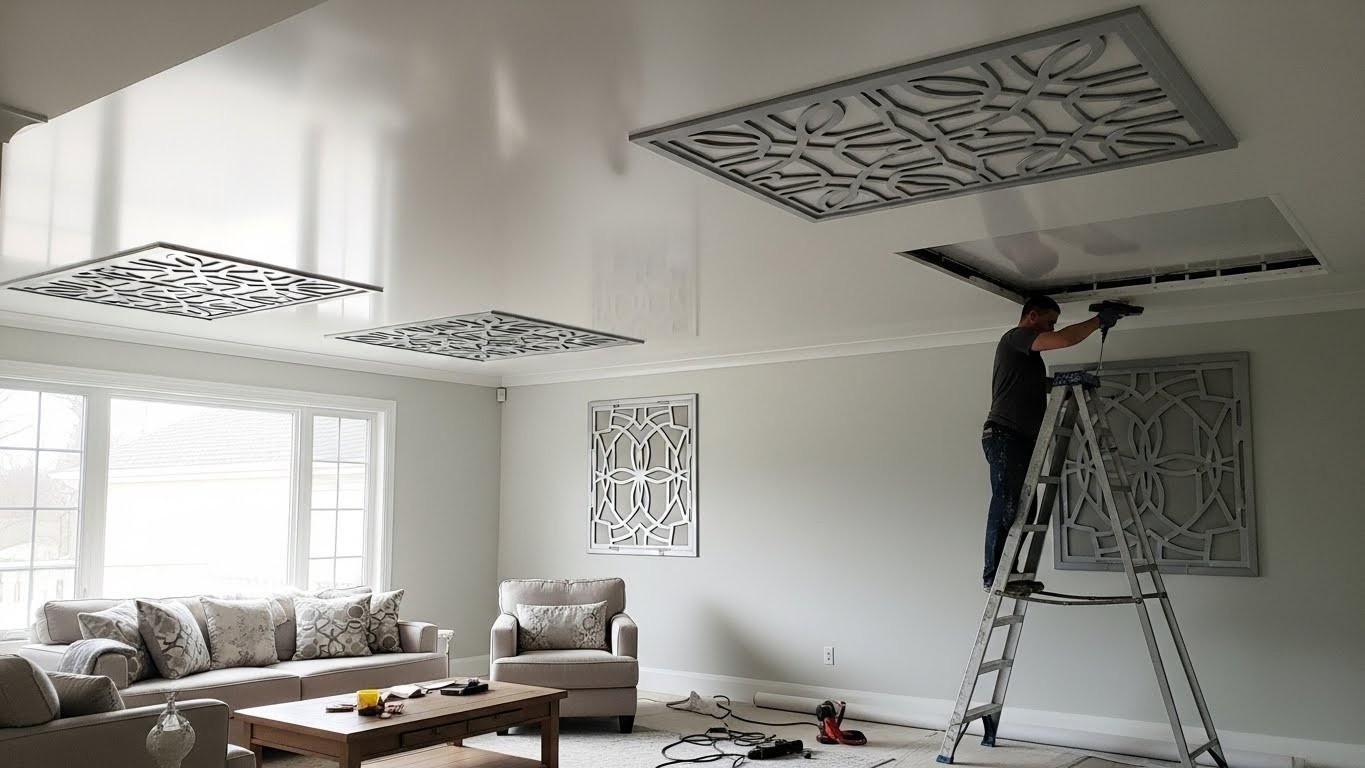 Натяжной потолок с декоративными вставками в жилом помещении