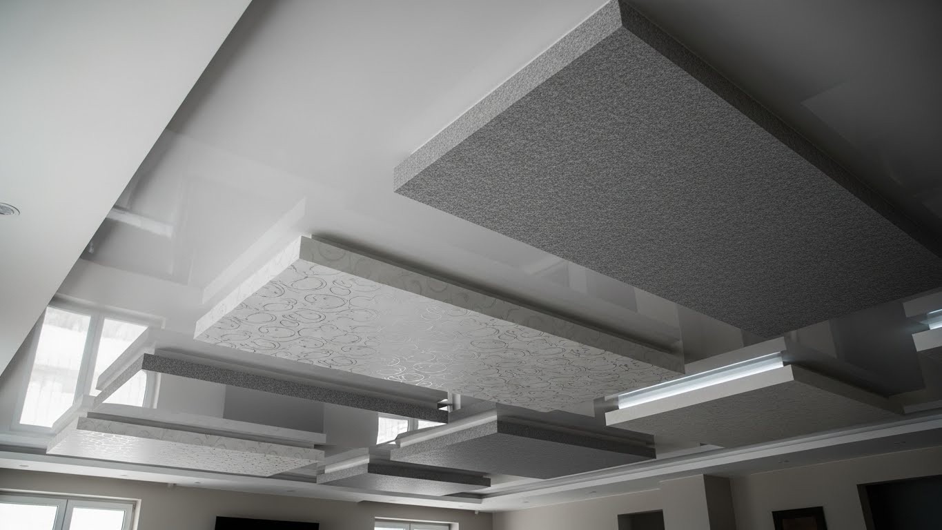 Многоуровневые натяжные потолки с декоративной текстурой