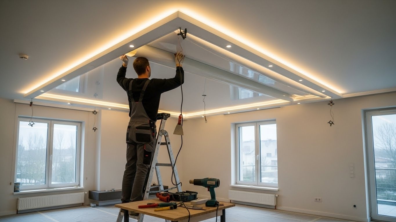 Монтаж натяжных потолков для жилых помещений с подсветкой