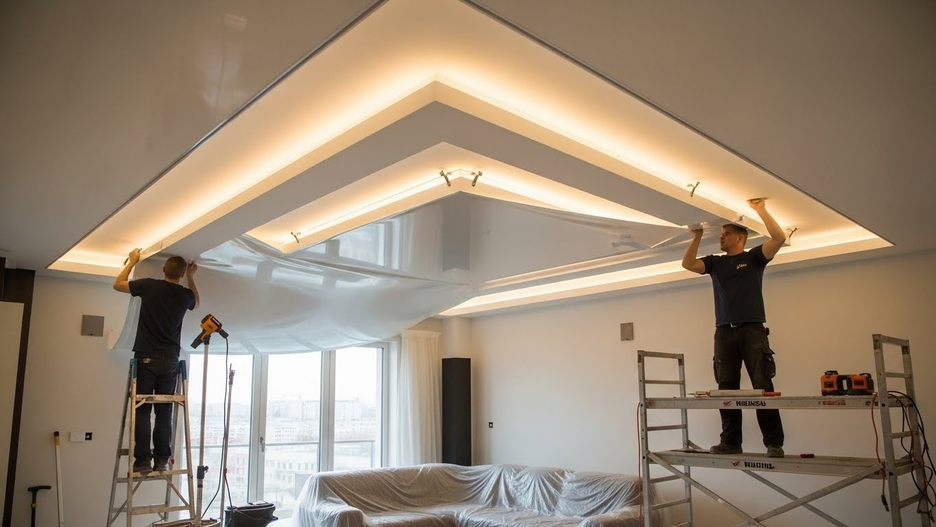 Монтаж натяжных потолков для жилых помещений с многоуровневыми конструкциями