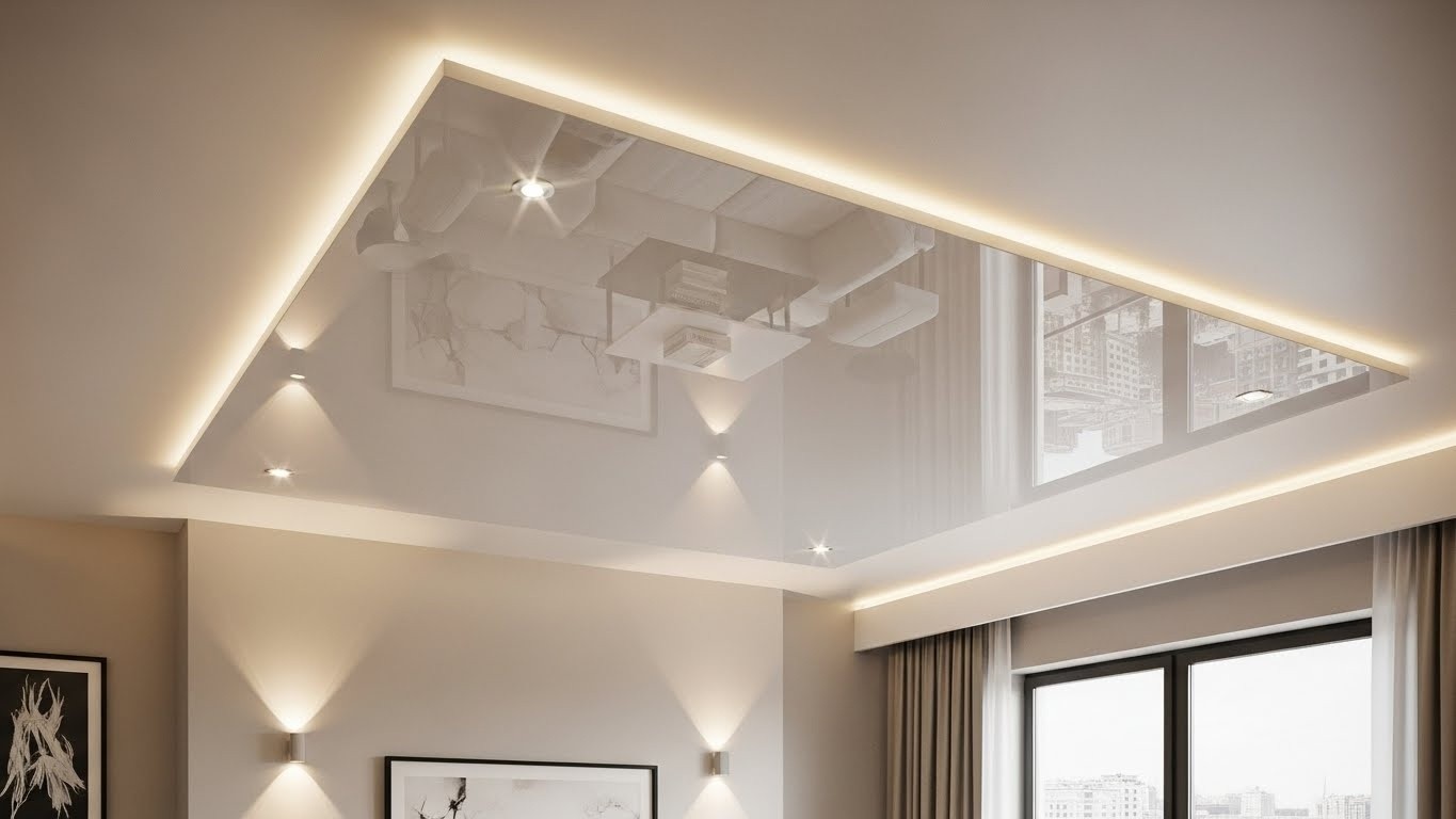 Одноуровневые глянцевые натяжные потолки