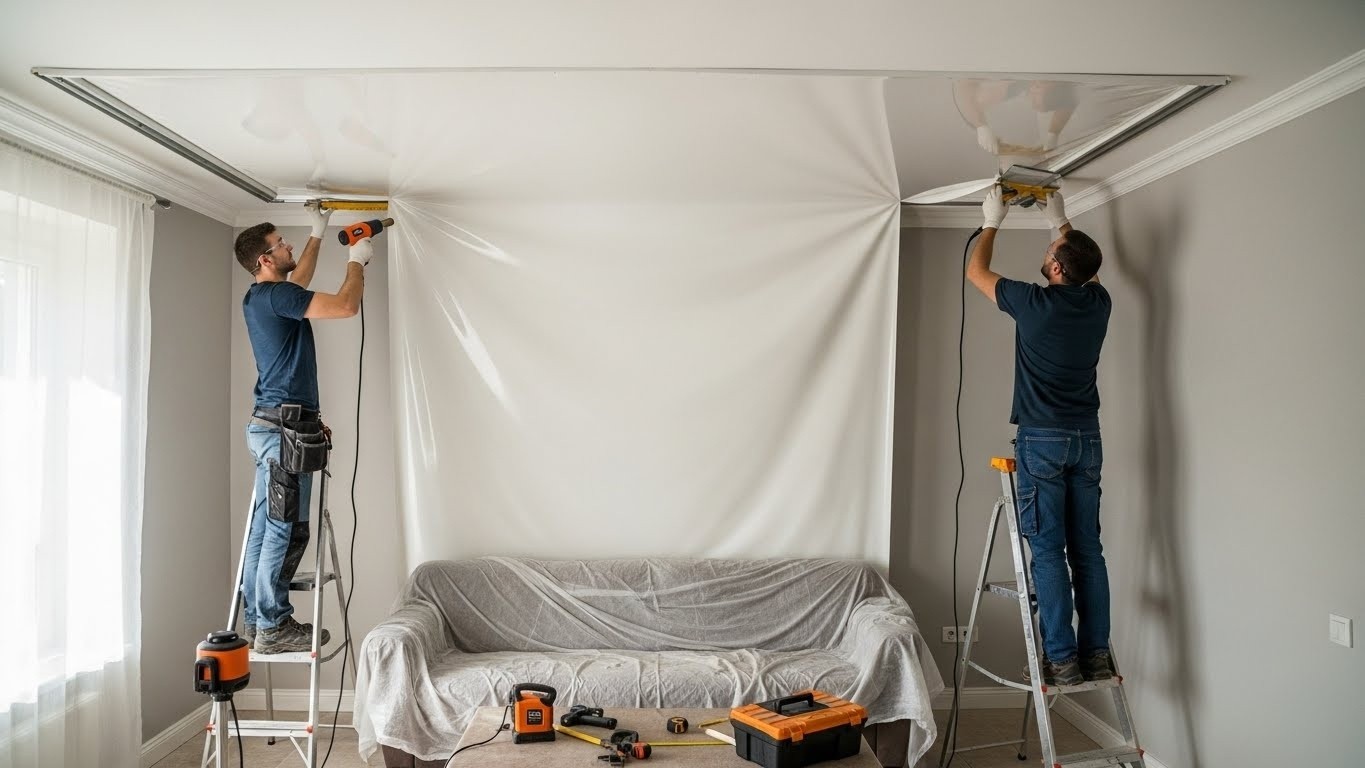 Монтаж натяжных потолков среднего класса для жилых помещений