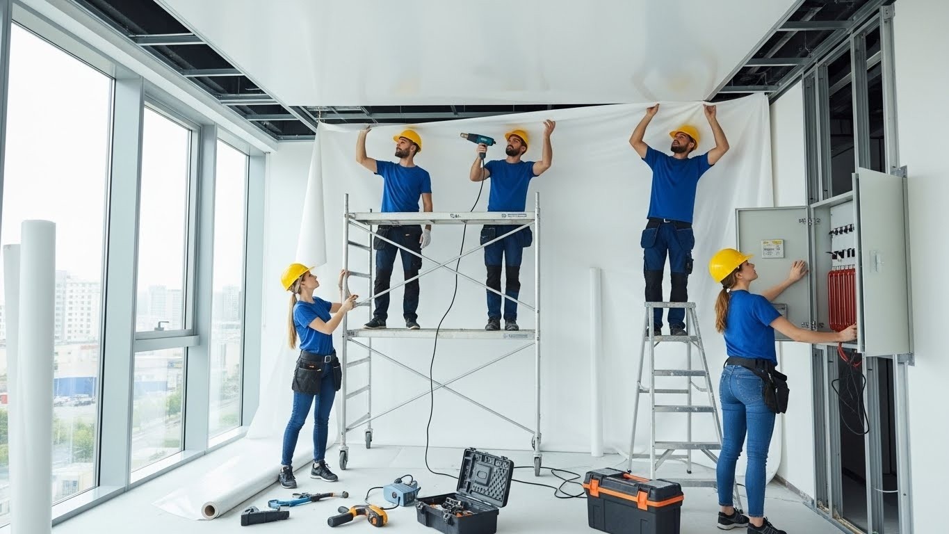 Натяжной потолок среднего класса в офисе с подсветкой