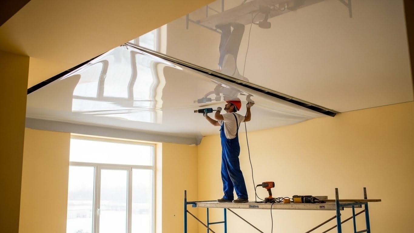 Монтаж натяжных потолков среднего класса с глянцевой отделкой