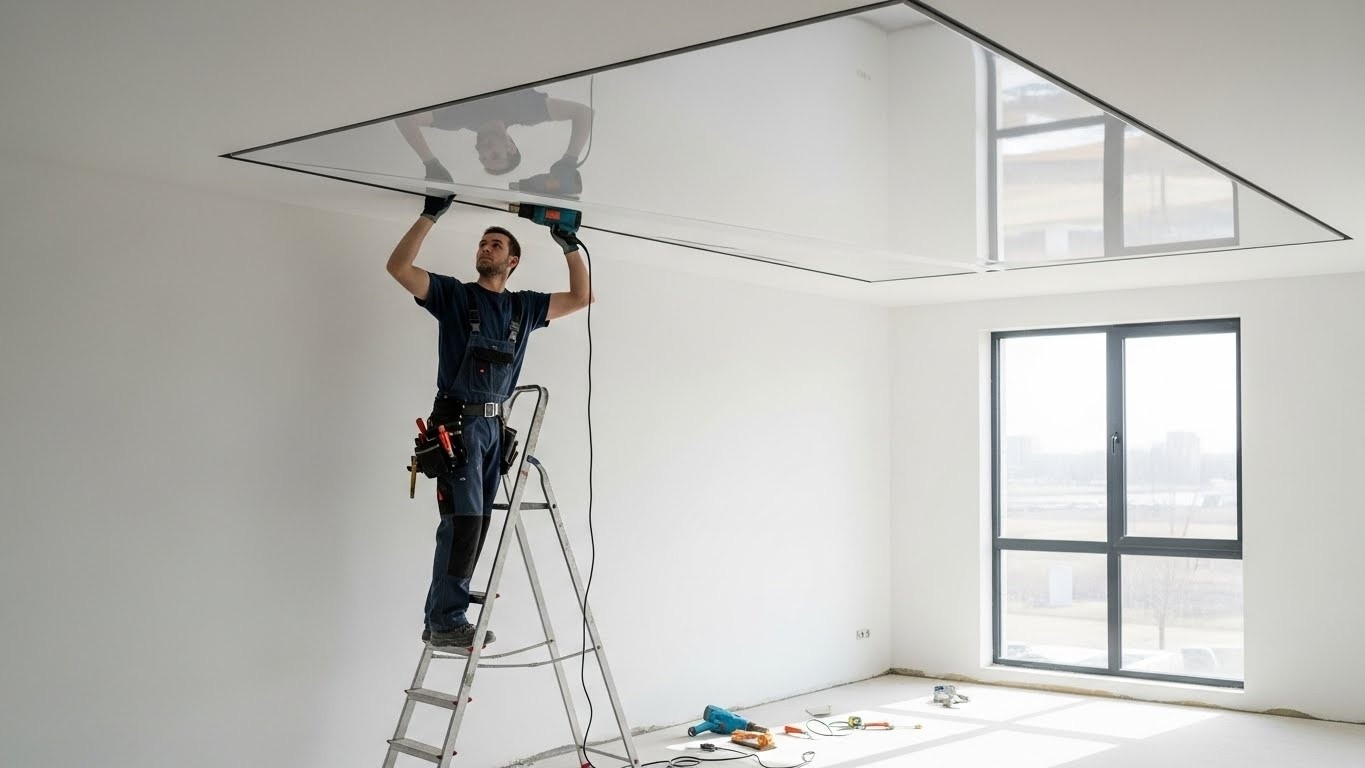 Глянцевый натяжной потолок среднего класса с подсветкой