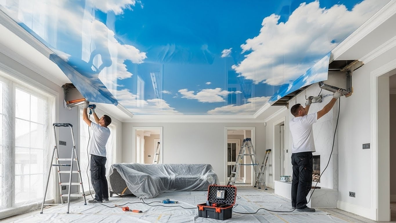 Монтаж натяжных потолков среднего класса с фотопечатью