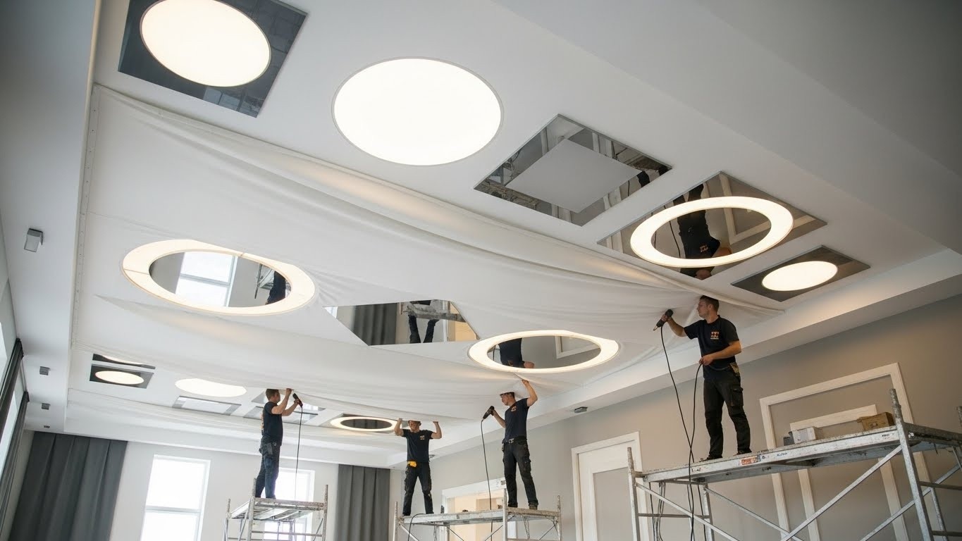 Монтаж натяжных потолков премиум класса с декоративными вставками