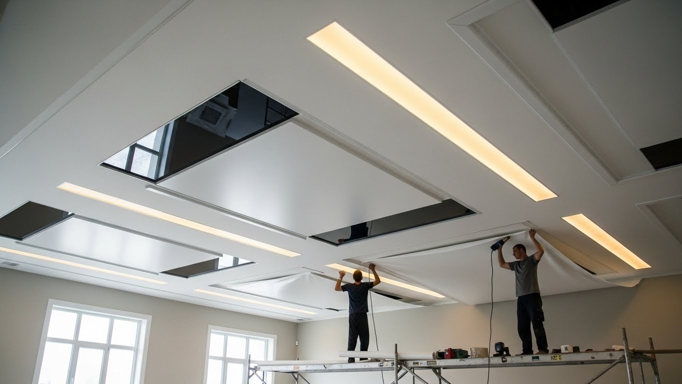 Натяжной потолок премиум класса с декоративными вставками