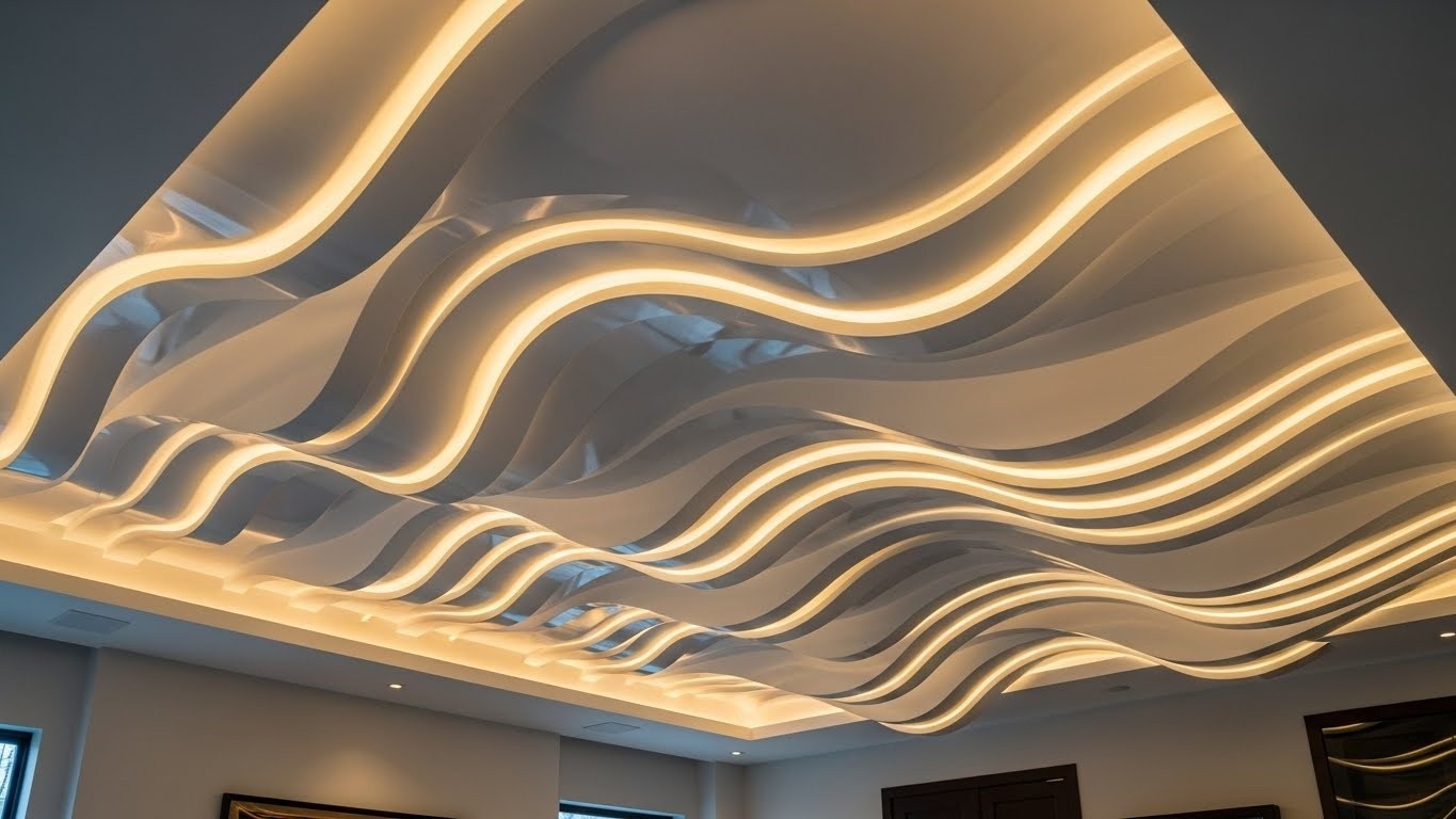 Волнообразные натяжные потолки с подсветкой