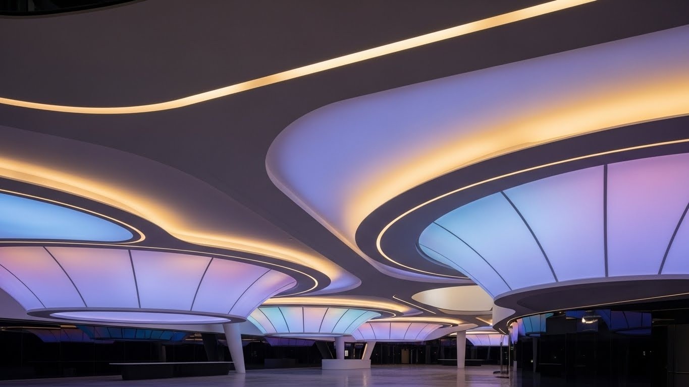 Натяжные потолки сложной формы с подсветкой