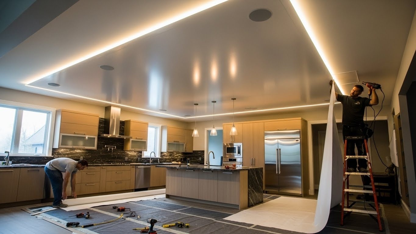 Монтаж натяжных потолков с подсветкой для кухни