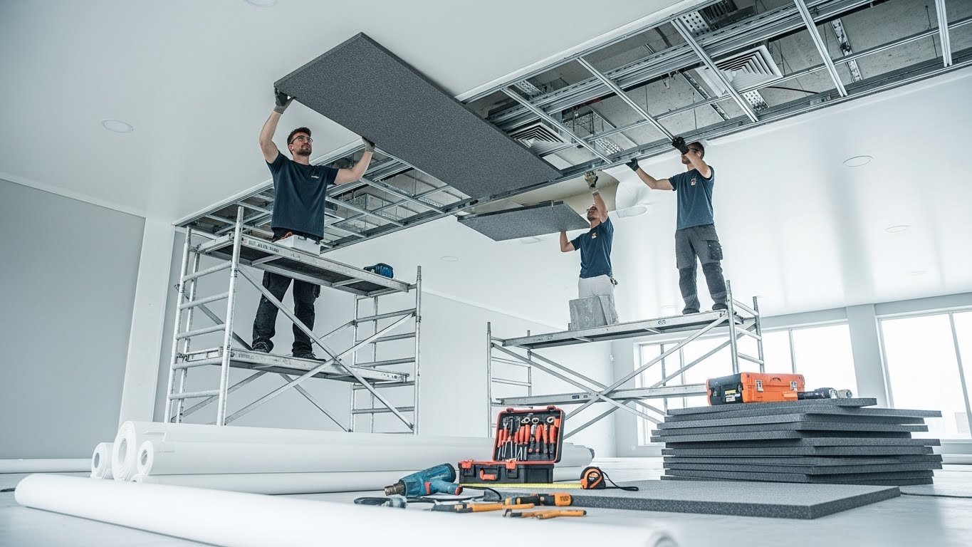 Монтаж натяжных потолков с шумопоглощением