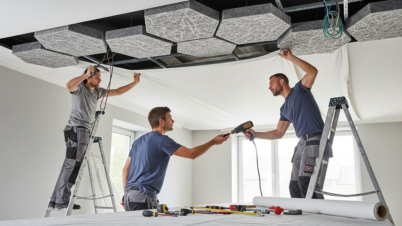 Монтаж натяжного потолка с шумопоглощающими элементами Натяжной потолок с шумопоглощением