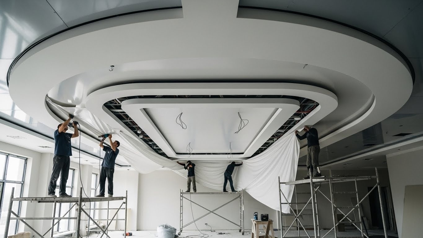 Монтаж натяжных потолков с комбинированными формами