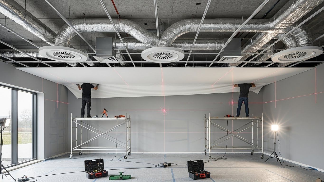 Монтаж натяжных потолков с системой воздуховодов