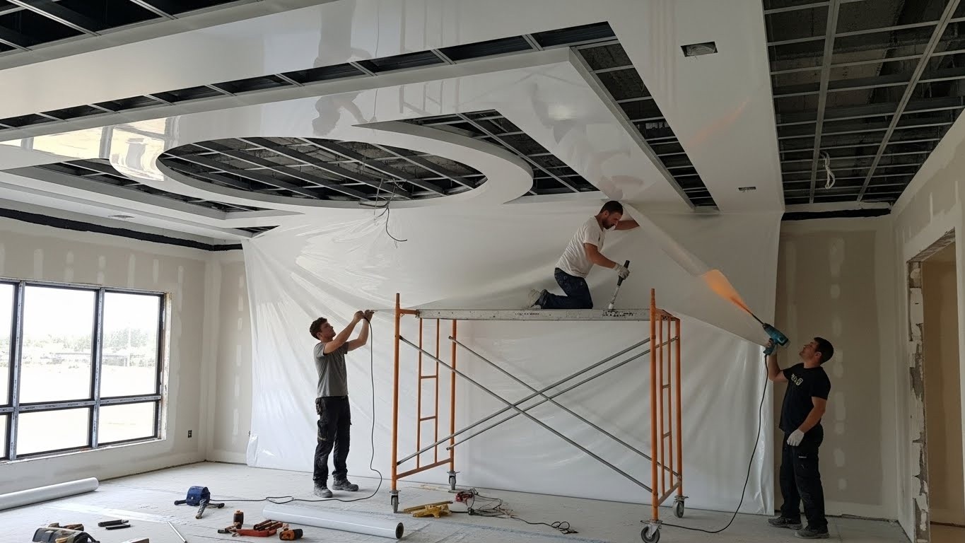 Монтаж натяжного потолка с комбинированными формами