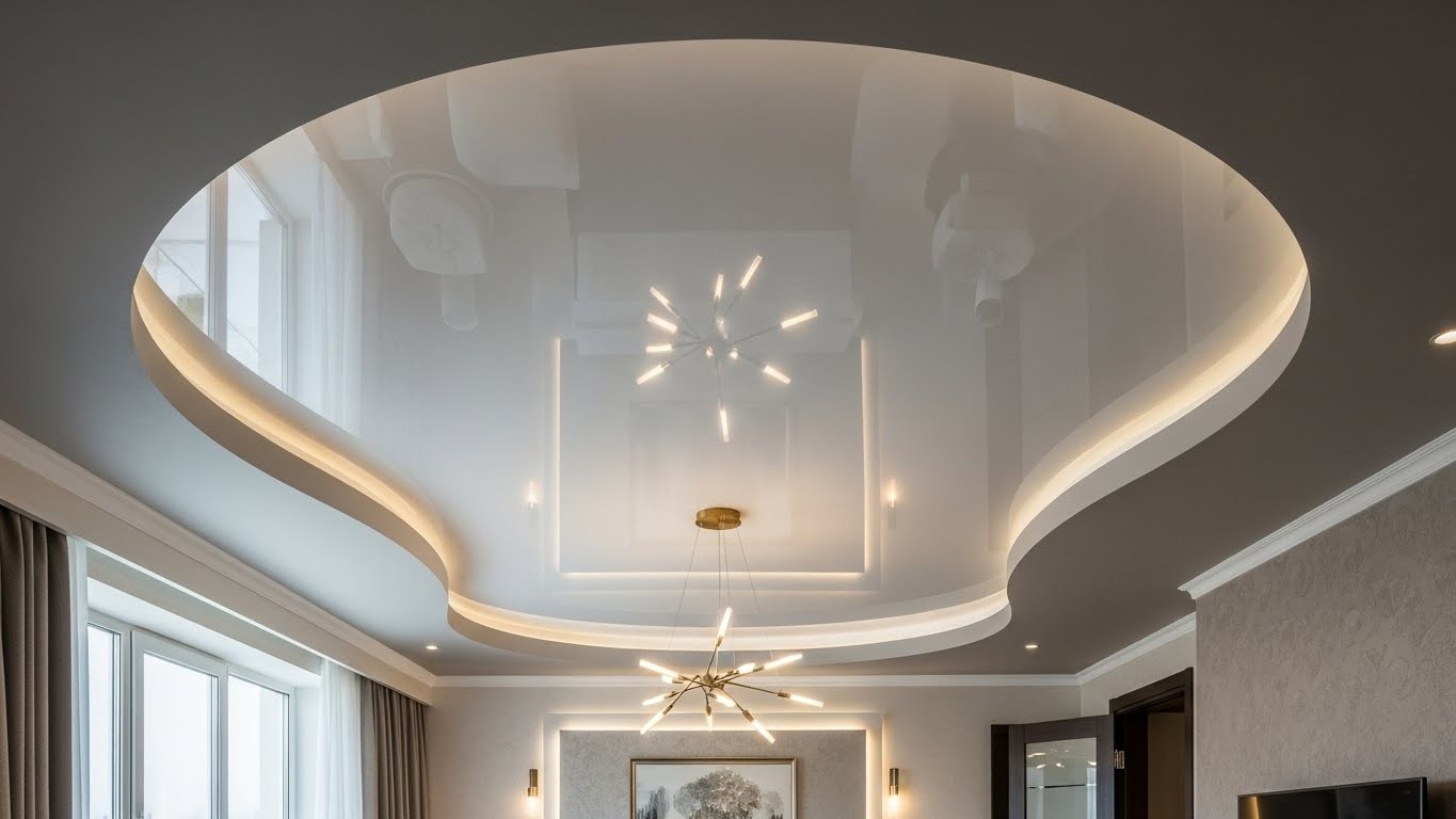 Глянцевый натяжной потолок комбинированной конструкции