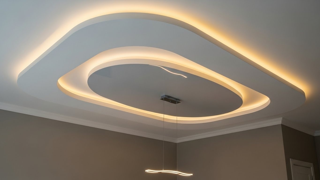 Натяжной потолок с комбинированной конструкцией и подсветкой Натяжной потолок с комбинированной конструкцией и подсветкой