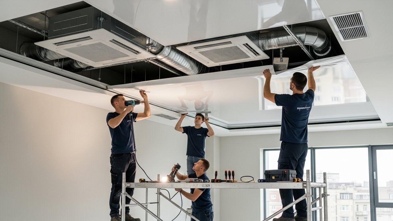 Монтаж натяжных потолков с кондиционером и вентиляцией