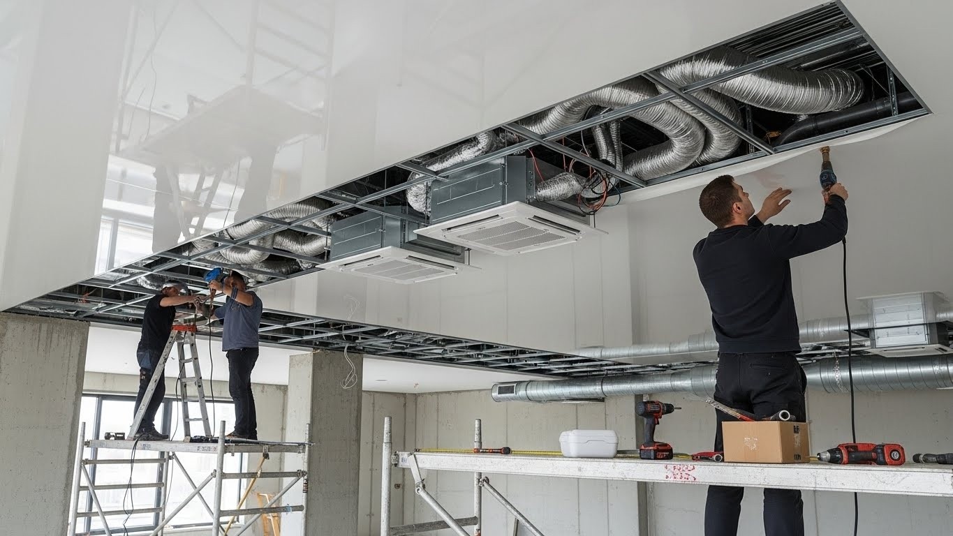 Монтаж натяжного потолка с кондиционером и вентиляцией Натяжной потолок с кондиционером и вентиляцией