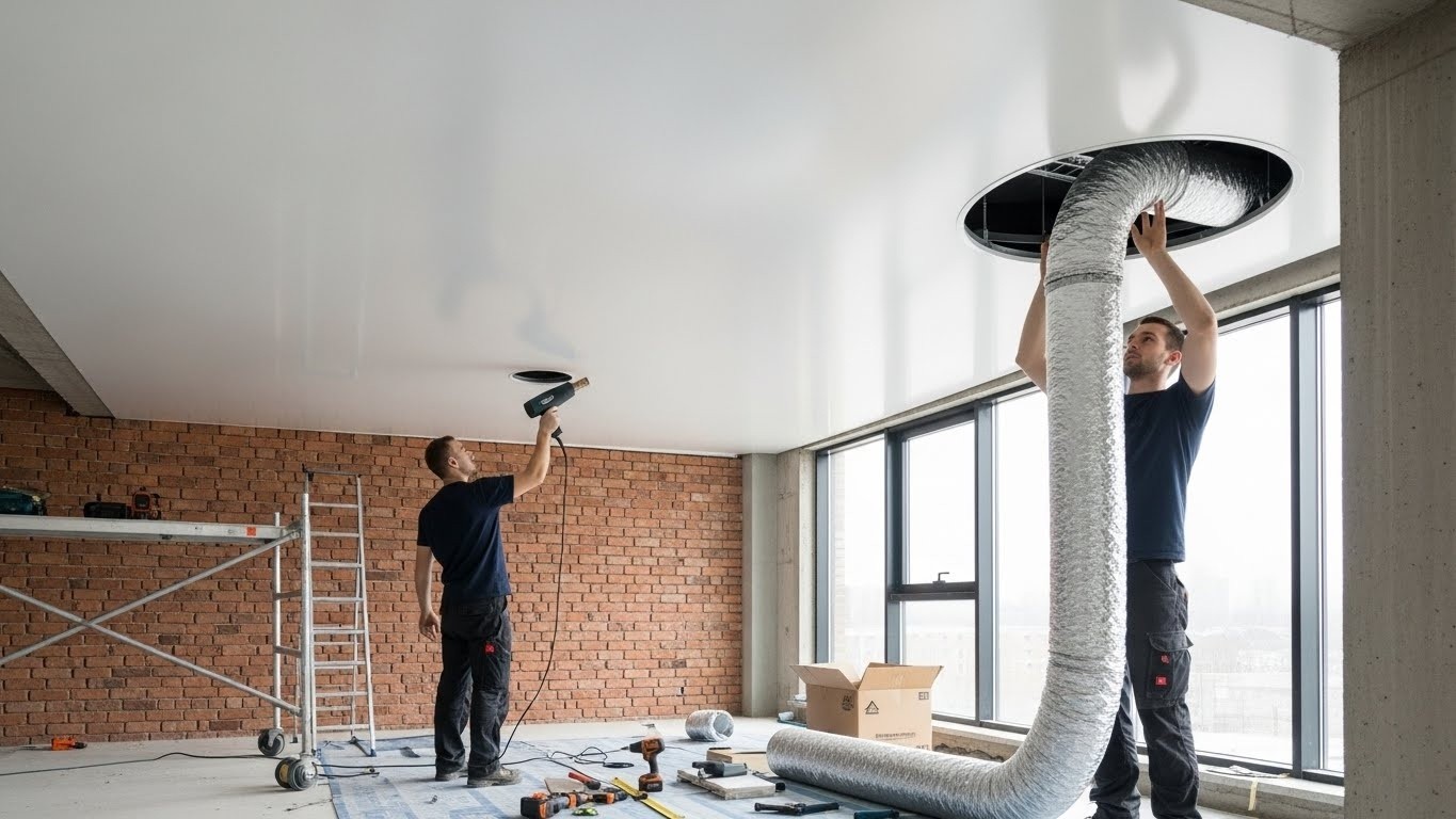 Монтаж натяжного потолка с воздуховодами для кондиционера Натяжной потолок с воздуховодами для кондиционера