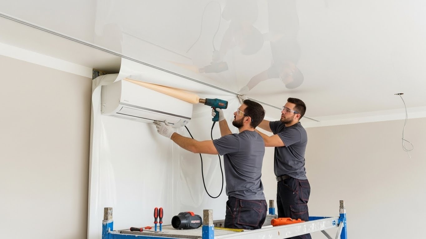 Монтаж натяжных потолков с интеграцией кондиционера