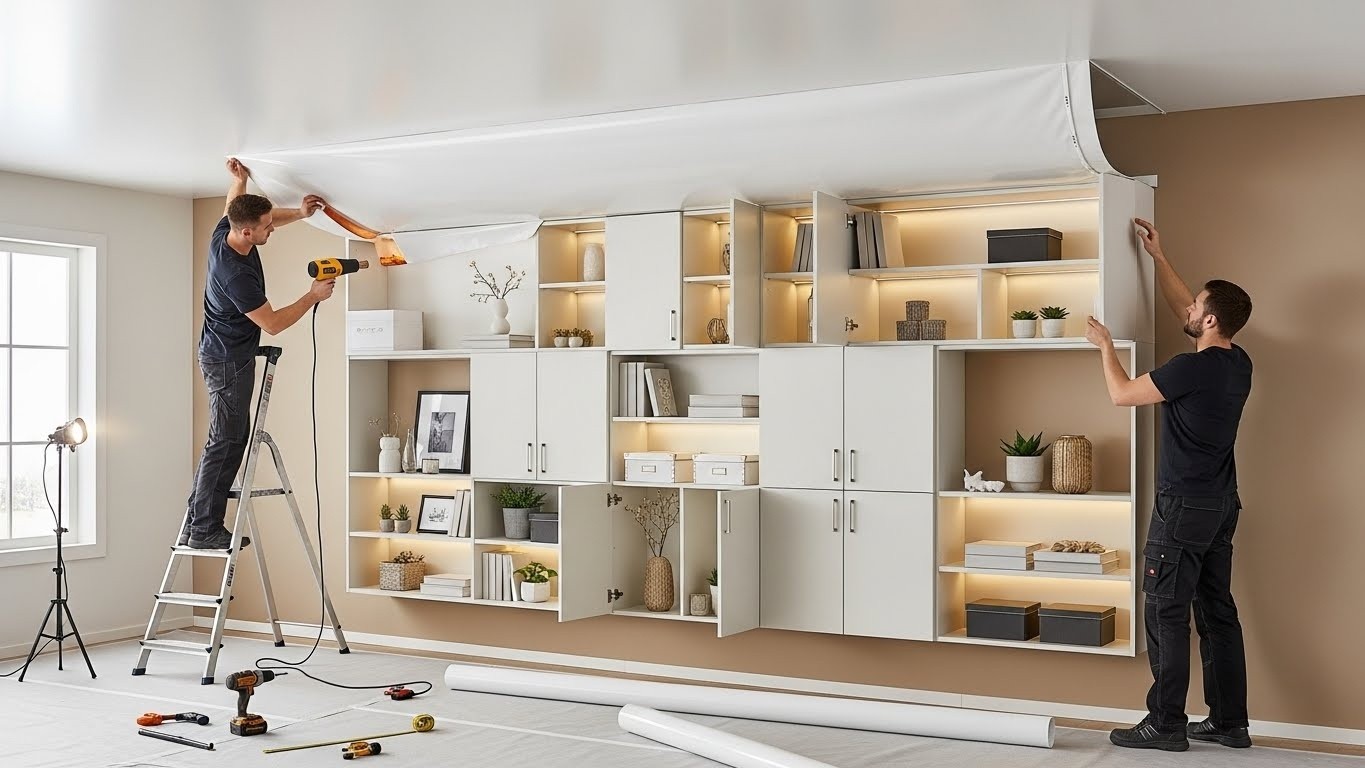 Натяжной потолок с функциональными нишами для хранения