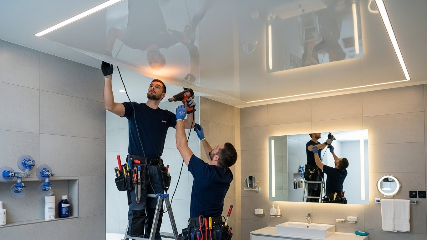 Монтаж натяжных потолков с отделкой для влажных помещений